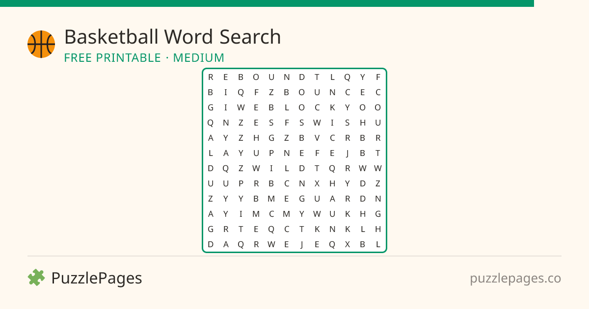Basketball Medium printable word search preview — free to print from PuzzlePages
