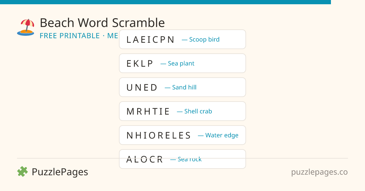 Beach Medium printable word scramble preview — free to print from PuzzlePages