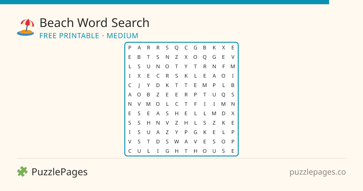 Beach Medium printable word search preview — free to print from PuzzlePages