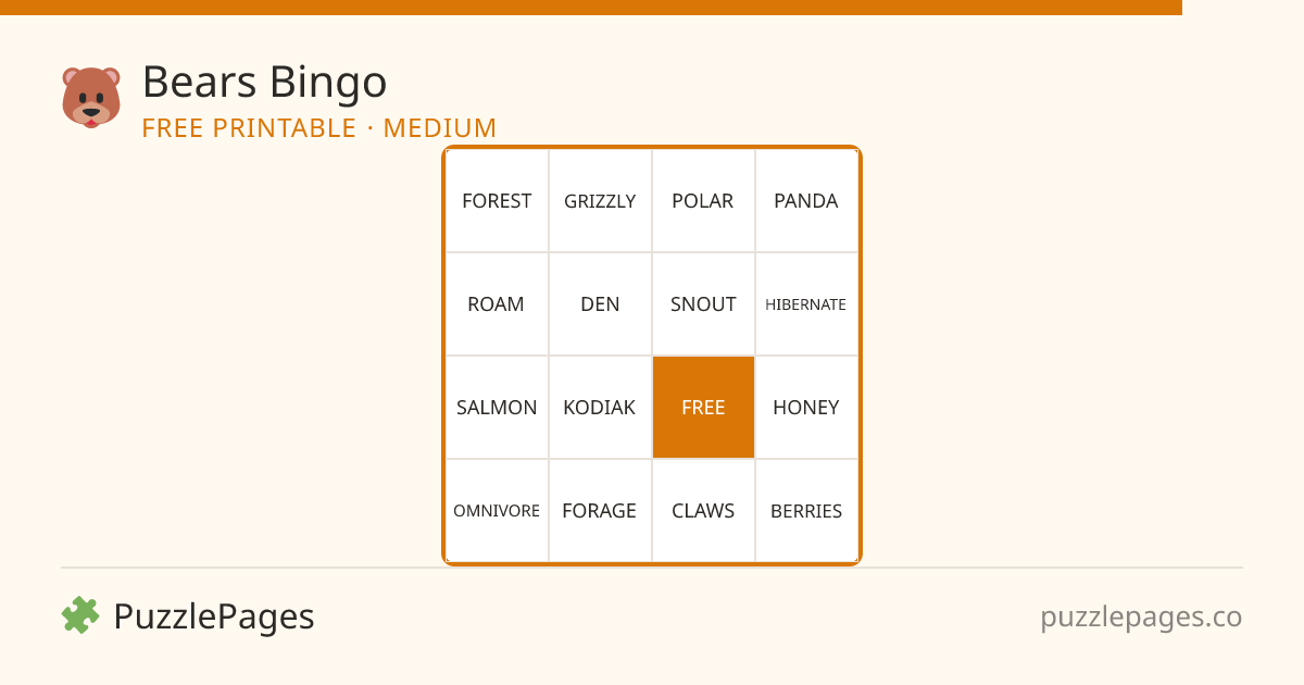 Bears Medium printable bingo preview — free to print from PuzzlePages