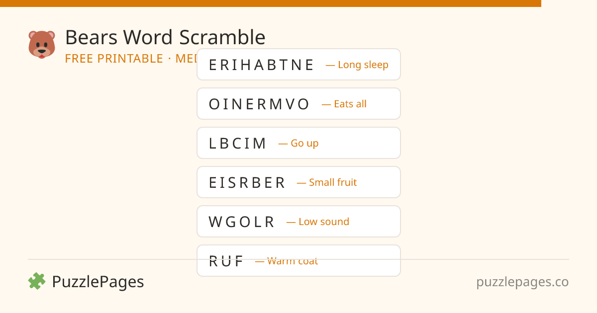 Bears Medium printable word scramble preview — free to print from PuzzlePages