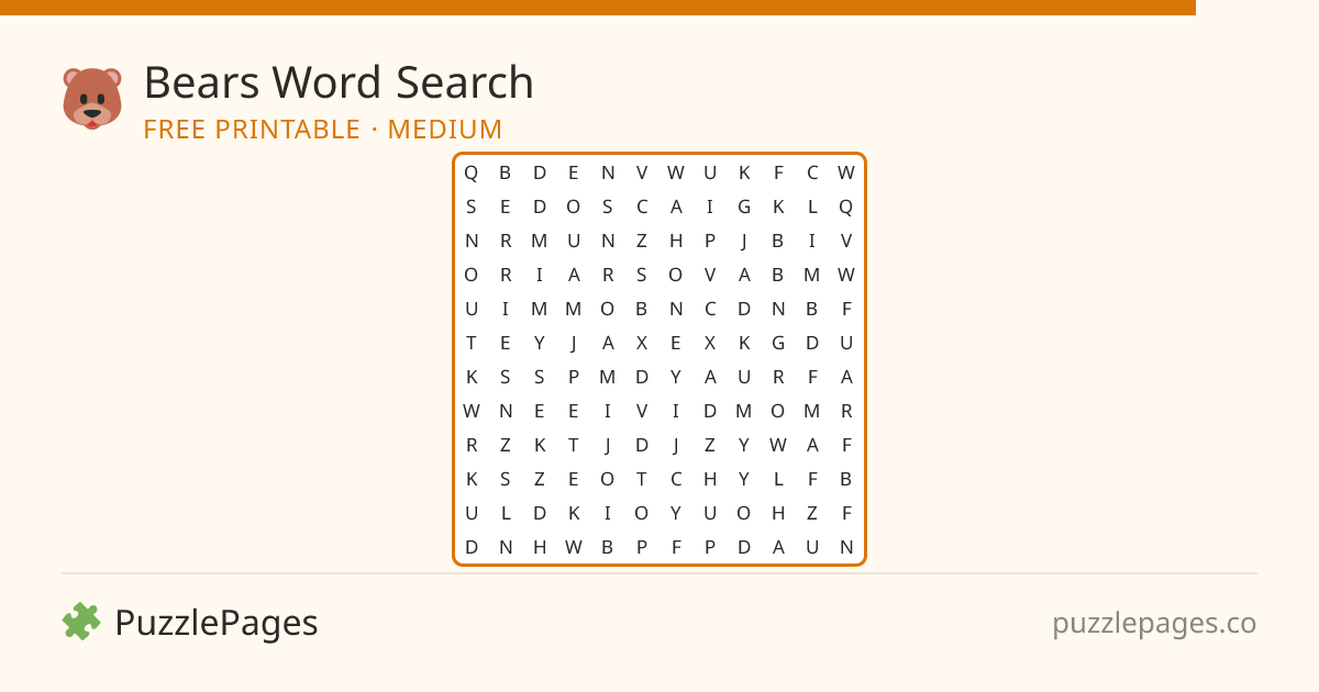Bears Medium printable word search preview — free to print from PuzzlePages