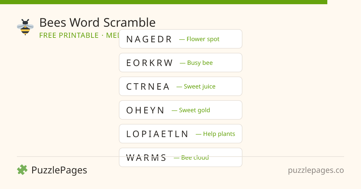 Bees Medium printable word scramble preview — free to print from PuzzlePages