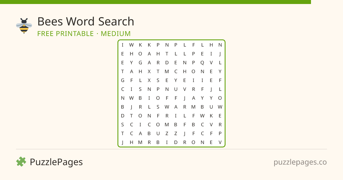 Bees Medium printable word search preview — free to print from PuzzlePages