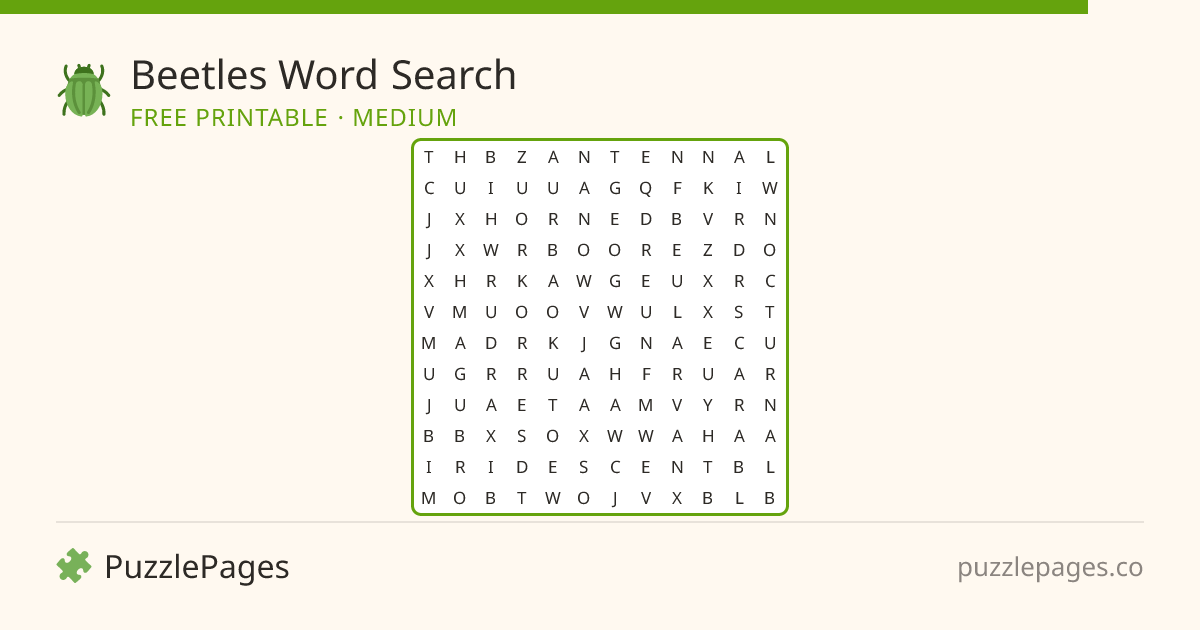 Beetles Medium printable word search preview — free to print from PuzzlePages