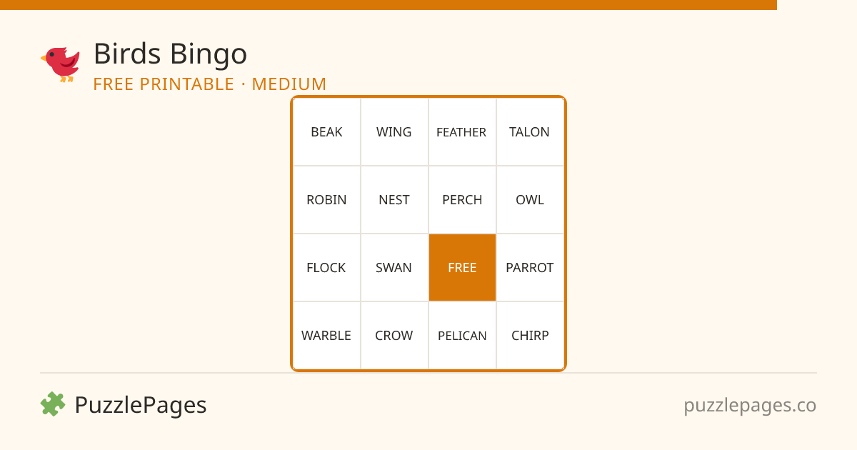Birds Medium printable bingo preview — free to print from PuzzlePages