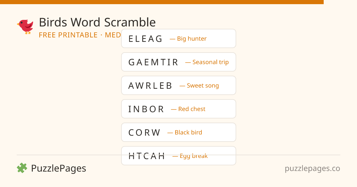 Birds Medium printable word scramble preview — free to print from PuzzlePages