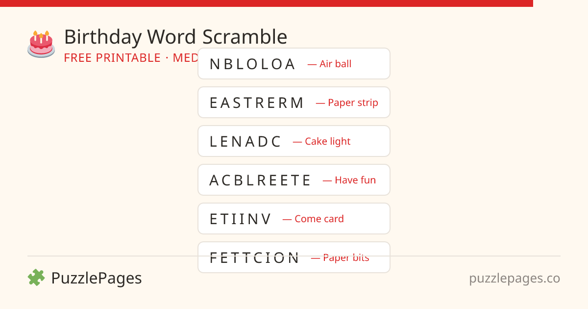 Birthday Medium printable word scramble preview — free to print from PuzzlePages