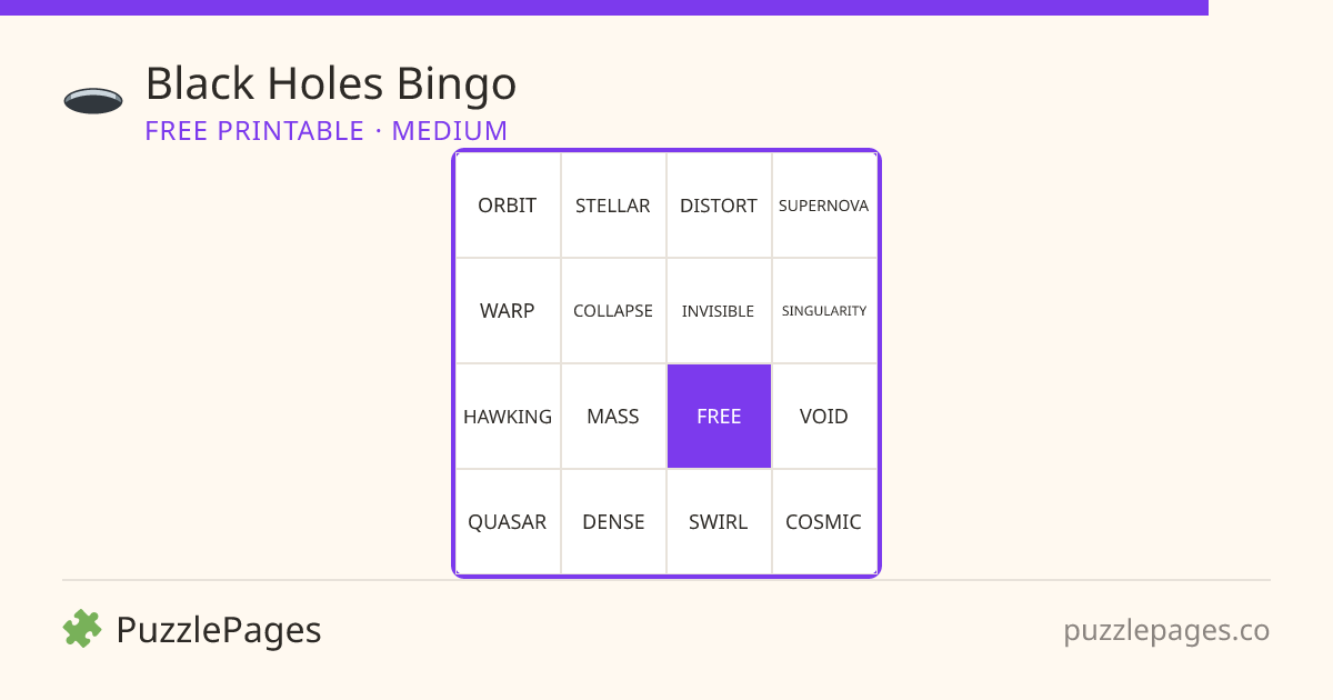 Black Holes Medium printable bingo preview — free to print from PuzzlePages