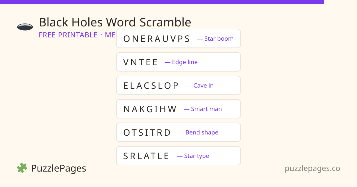 Black Holes Medium printable word scramble preview — free to print from PuzzlePages