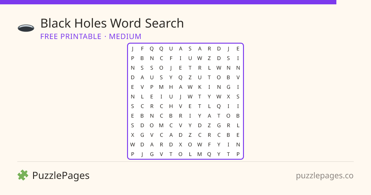 Black Holes Medium printable word search preview — free to print from PuzzlePages