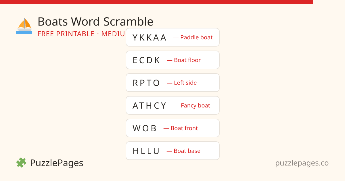 Boats Medium printable word scramble preview — free to print from PuzzlePages