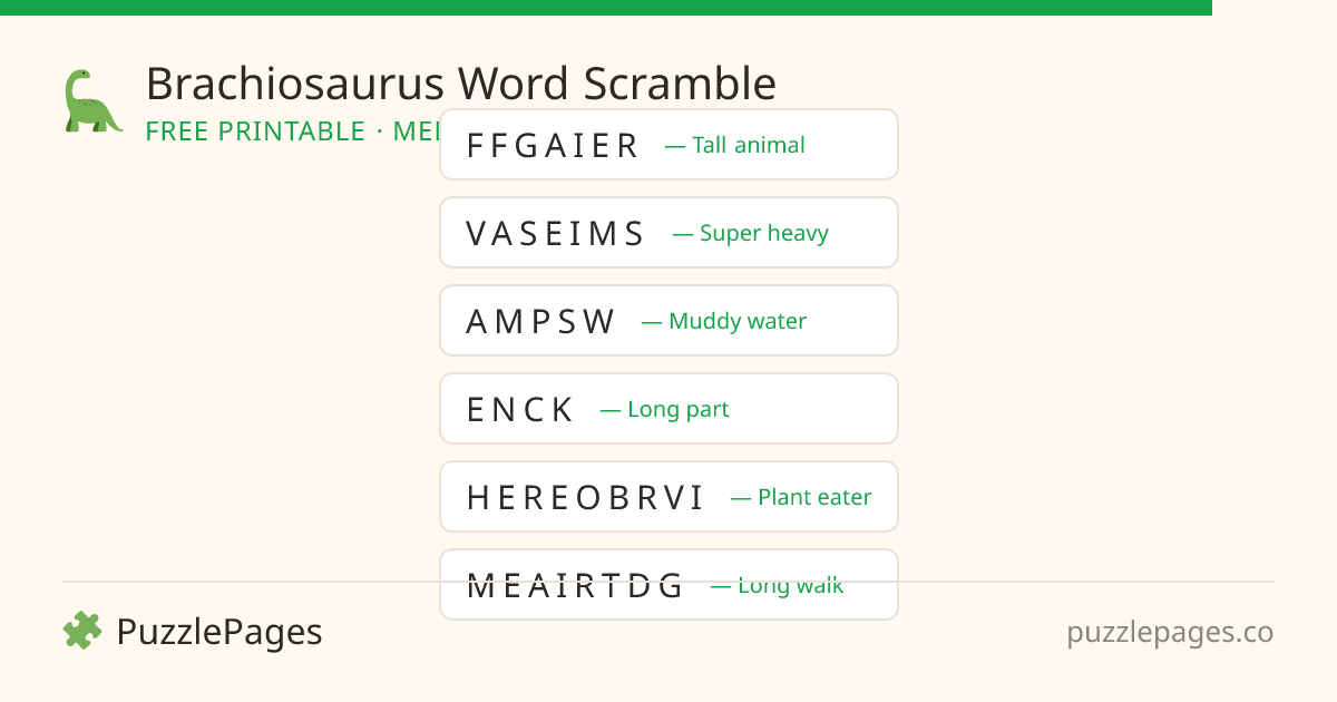 Brachiosaurus Medium printable word scramble preview — free to print from PuzzlePages