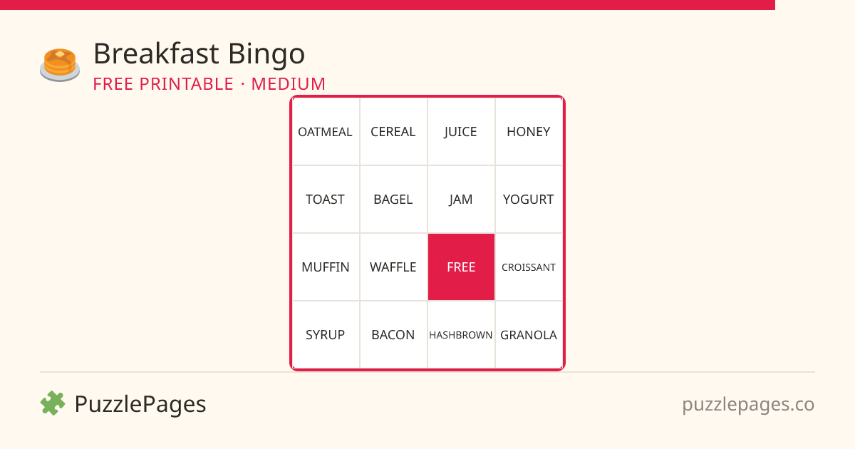 Breakfast Medium printable bingo preview — free to print from PuzzlePages