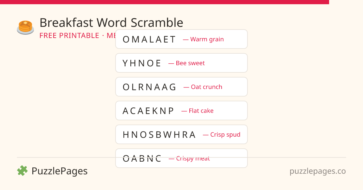 Breakfast Medium printable word scramble preview — free to print from PuzzlePages