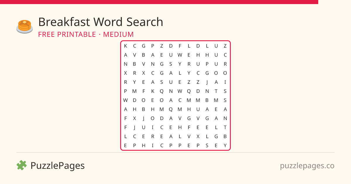 Breakfast Medium printable word search preview — free to print from PuzzlePages