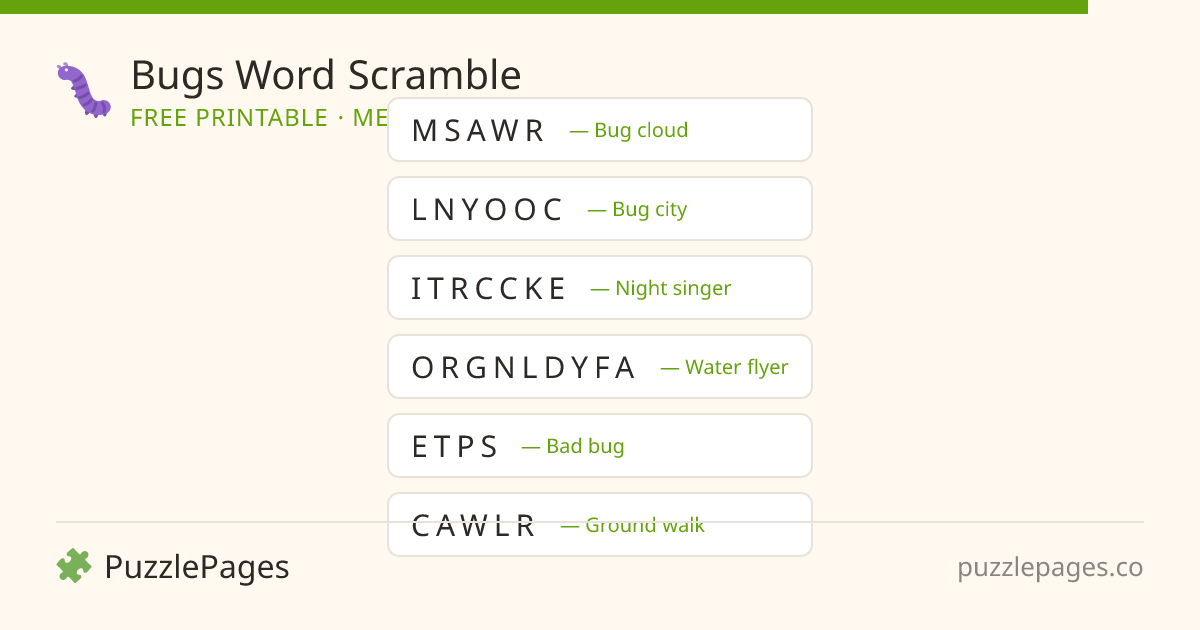 Bugs Medium printable word scramble preview — free to print from PuzzlePages