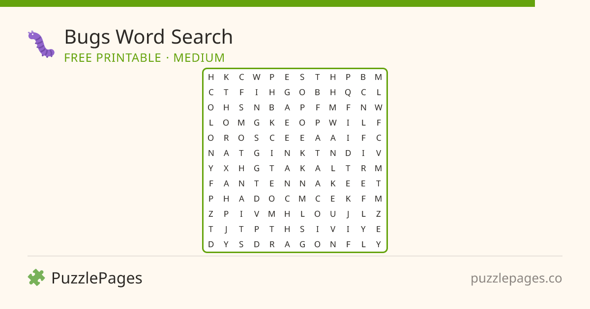 Bugs Medium printable word search preview — free to print from PuzzlePages