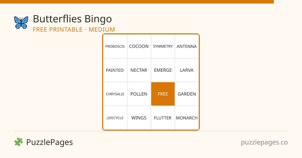 Butterflies Medium printable bingo preview — free to print from PuzzlePages