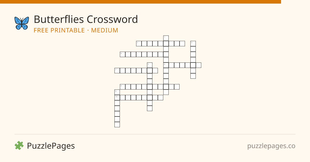 Butterflies Medium printable crossword preview — free to print from PuzzlePages