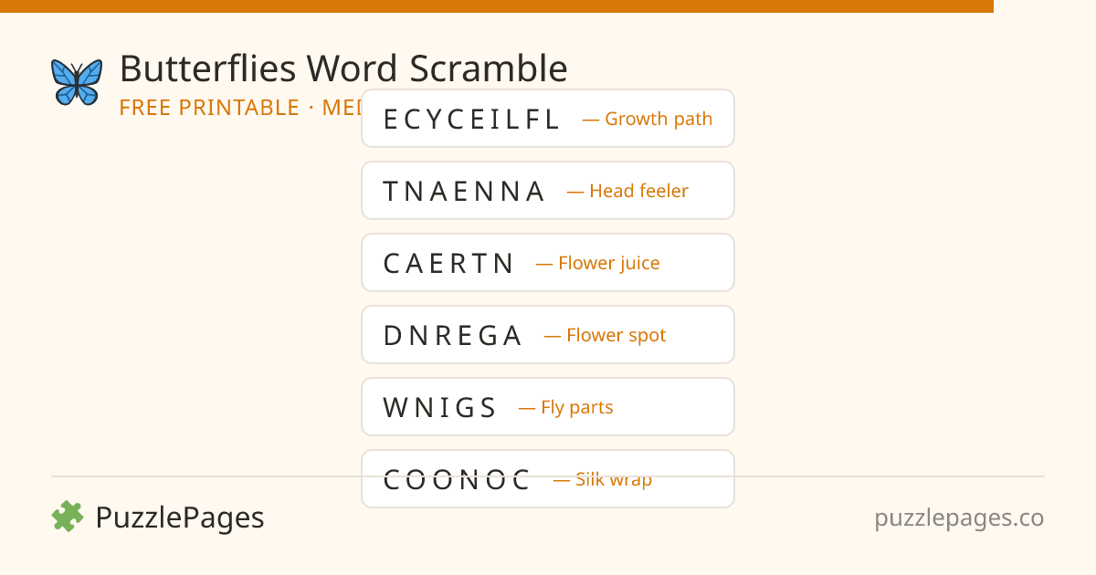 Butterflies Medium printable word scramble preview — free to print from PuzzlePages