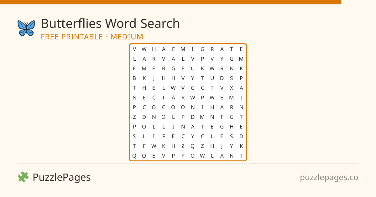 Butterflies Medium printable word search preview — free to print from PuzzlePages