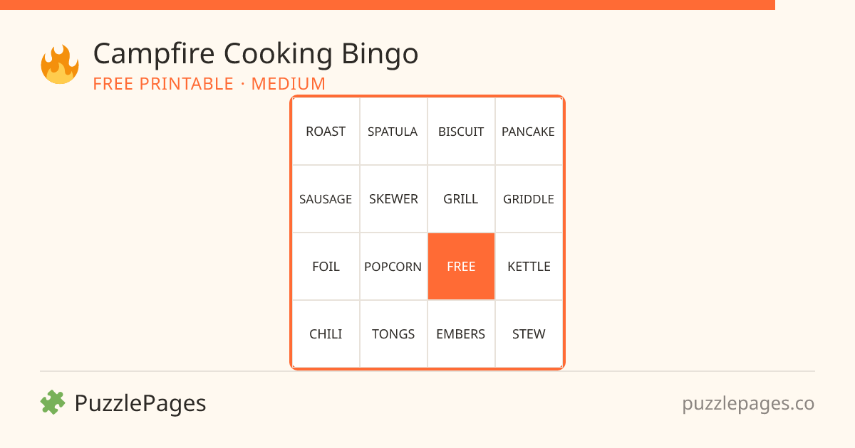 Campfire Cooking Medium printable bingo preview — free to print from PuzzlePages