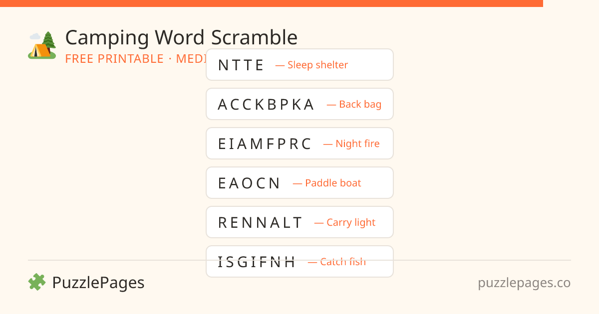 Camping Medium printable word scramble preview — free to print from PuzzlePages