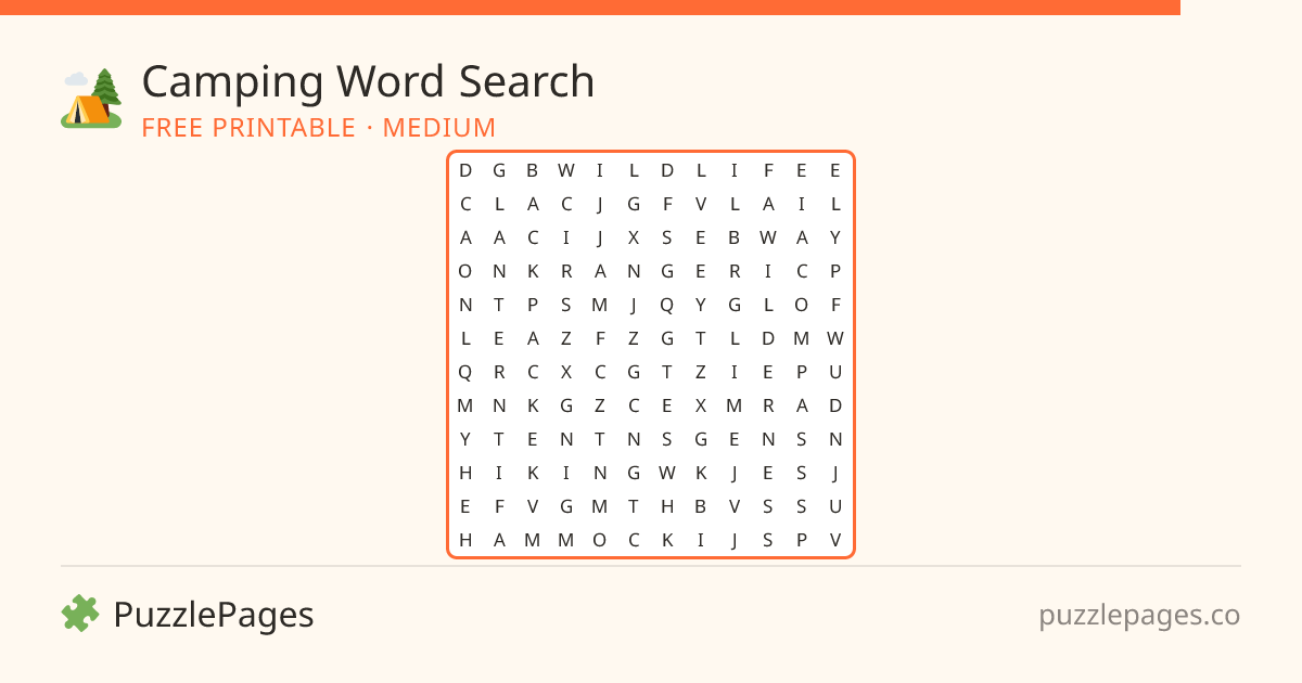 Camping Medium printable word search preview — free to print from PuzzlePages