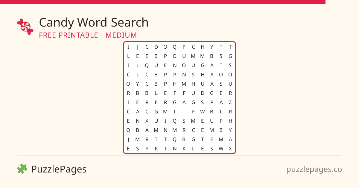 Candy Medium printable word search preview — free to print from PuzzlePages