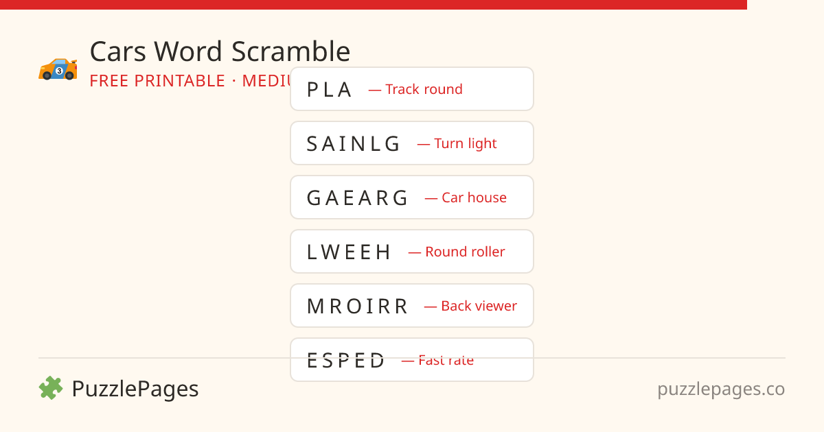 Cars Medium printable word scramble preview — free to print from PuzzlePages