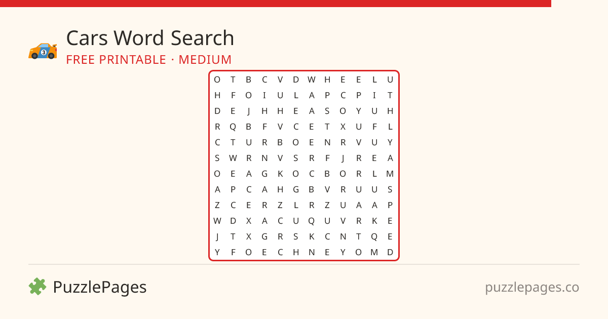 Cars Medium printable word search preview — free to print from PuzzlePages