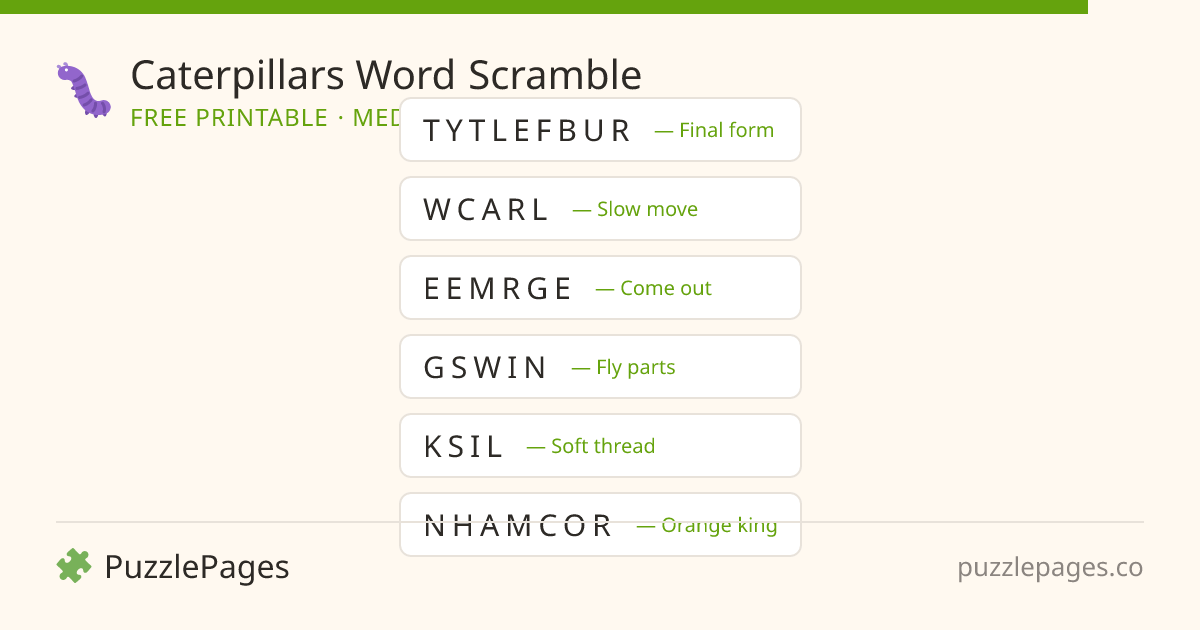 Caterpillars Medium printable word scramble preview — free to print from PuzzlePages