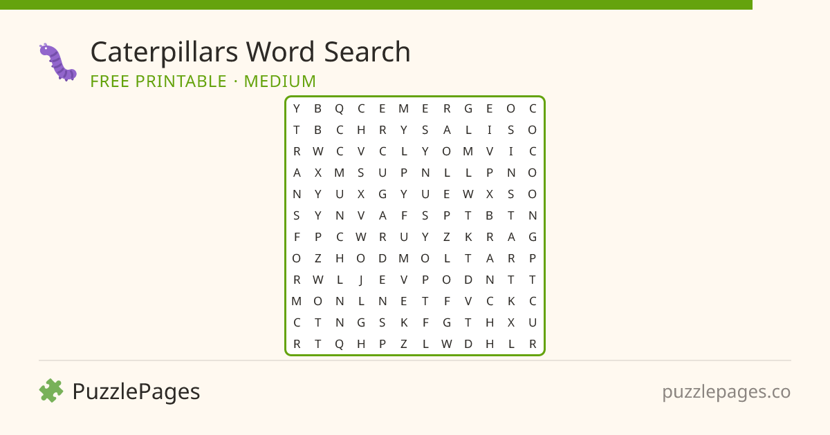 Caterpillars Medium printable word search preview — free to print from PuzzlePages