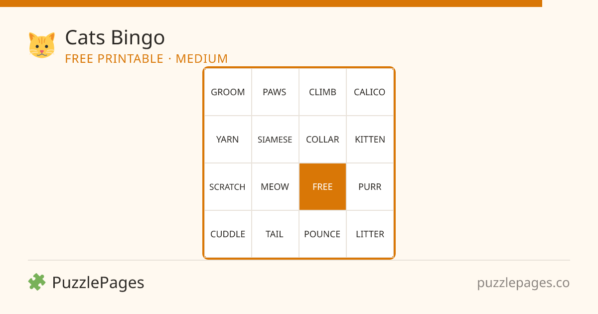 Cats Medium printable bingo preview — free to print from PuzzlePages