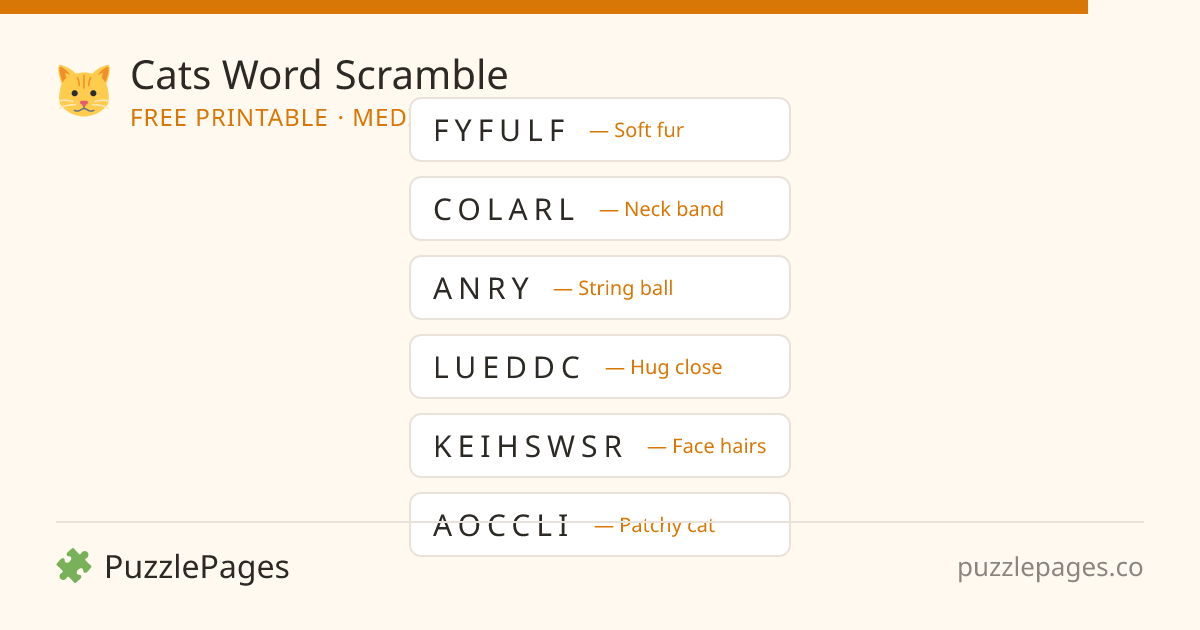 Cats Medium printable word scramble preview — free to print from PuzzlePages