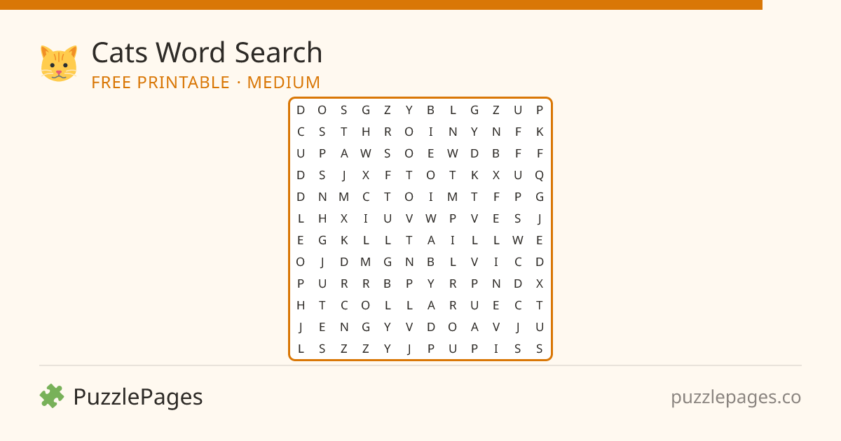Cats Medium printable word search preview — free to print from PuzzlePages
