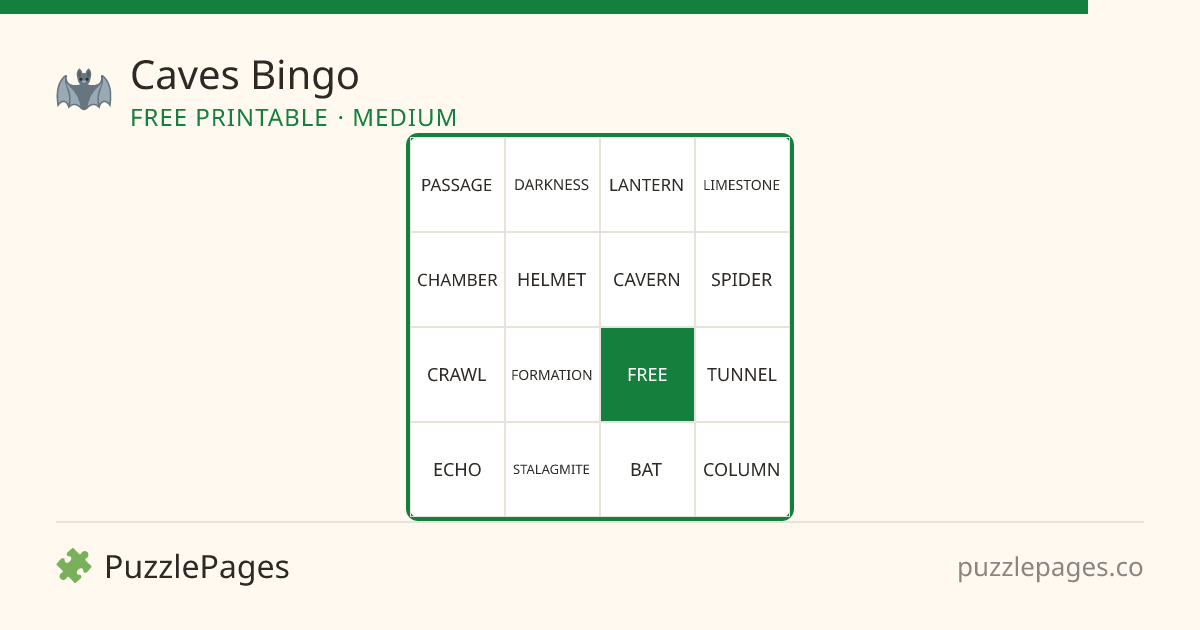 Caves Medium printable bingo preview — free to print from PuzzlePages