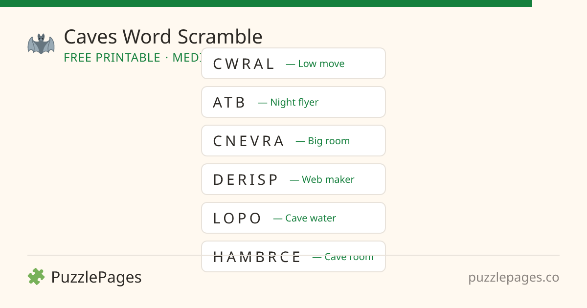 Caves Medium printable word scramble preview — free to print from PuzzlePages