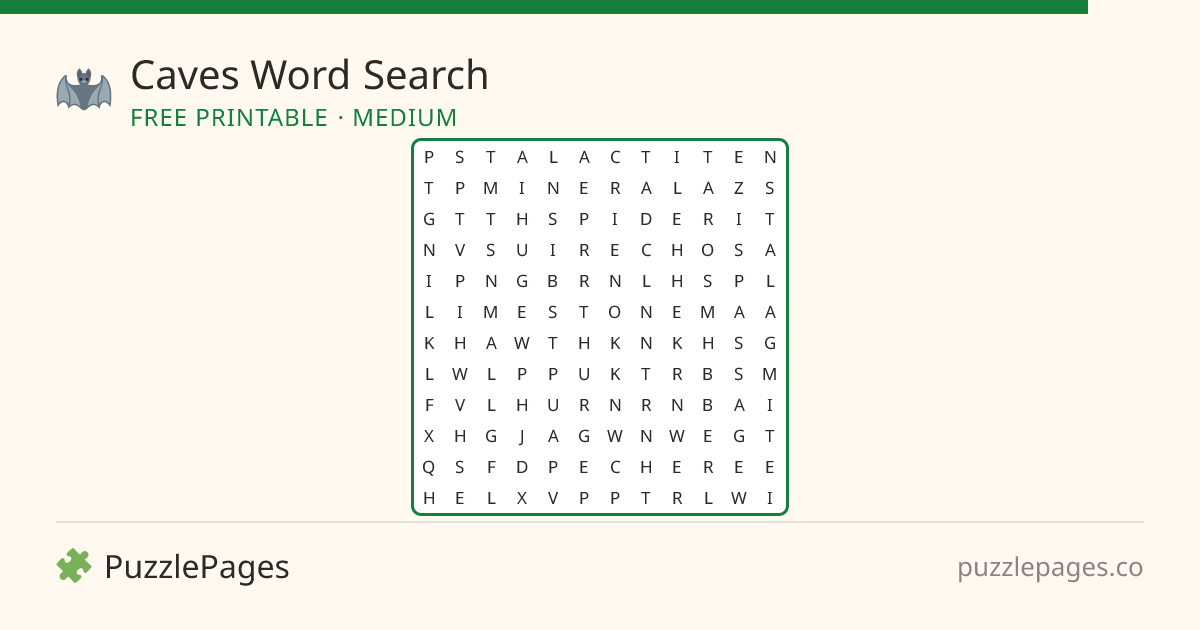 Caves Medium printable word search preview — free to print from PuzzlePages