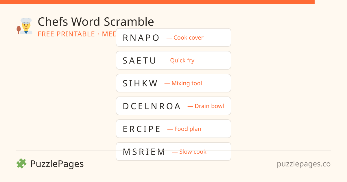 Chefs Medium printable word scramble preview — free to print from PuzzlePages