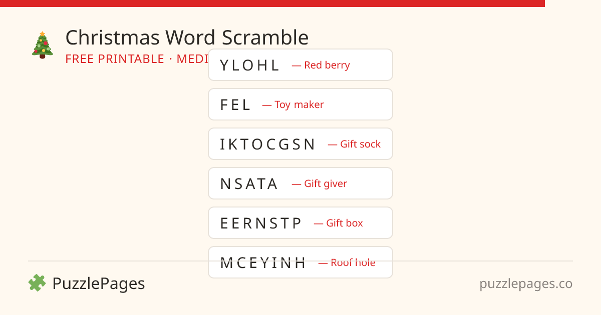Christmas Medium printable word scramble preview — free to print from PuzzlePages