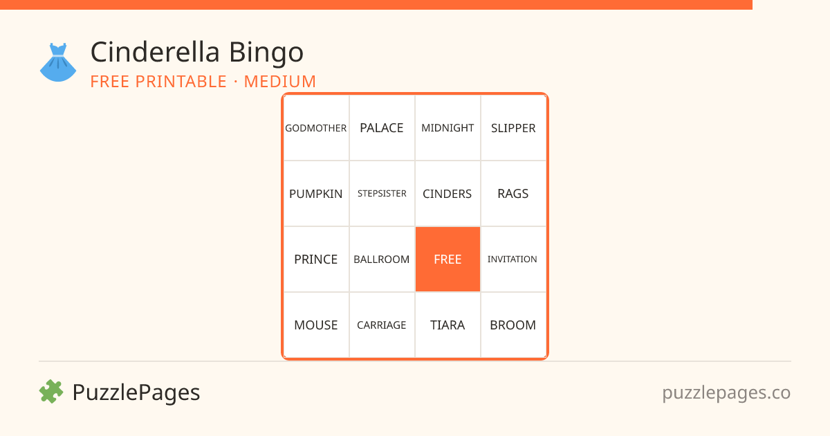 Cinderella Medium printable bingo preview — free to print from PuzzlePages