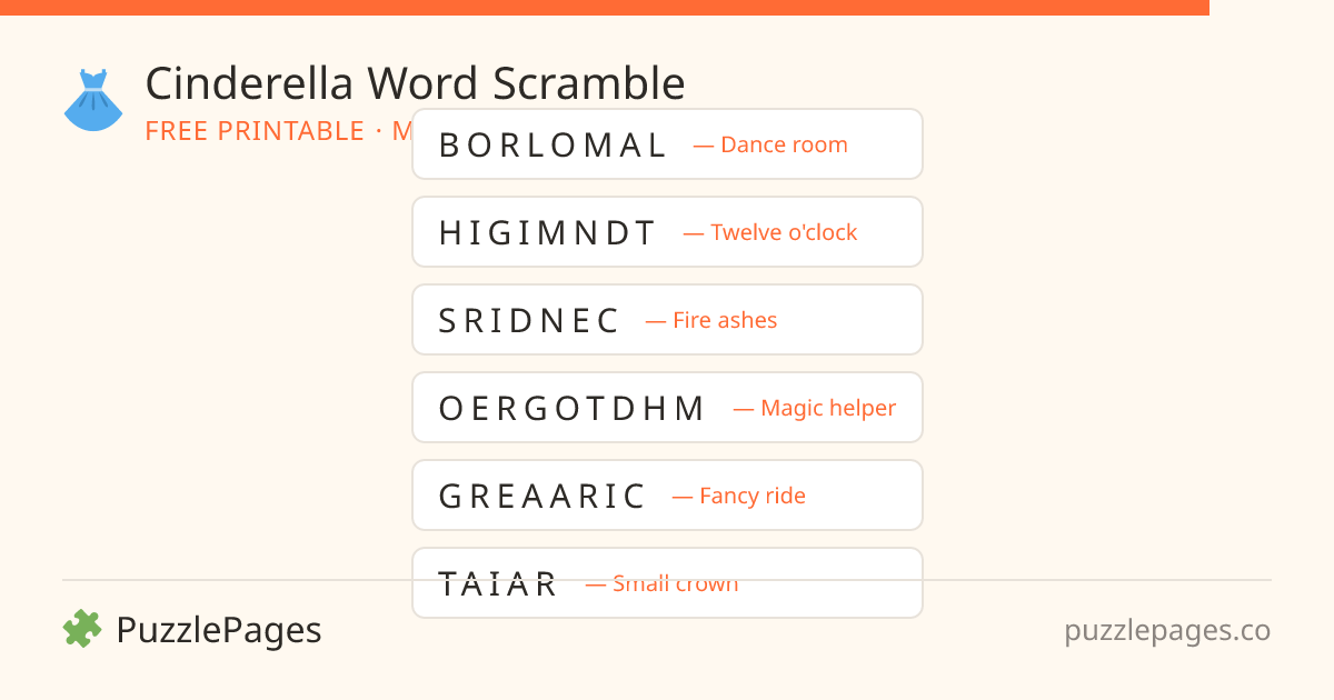 Cinderella Medium printable word scramble preview — free to print from PuzzlePages