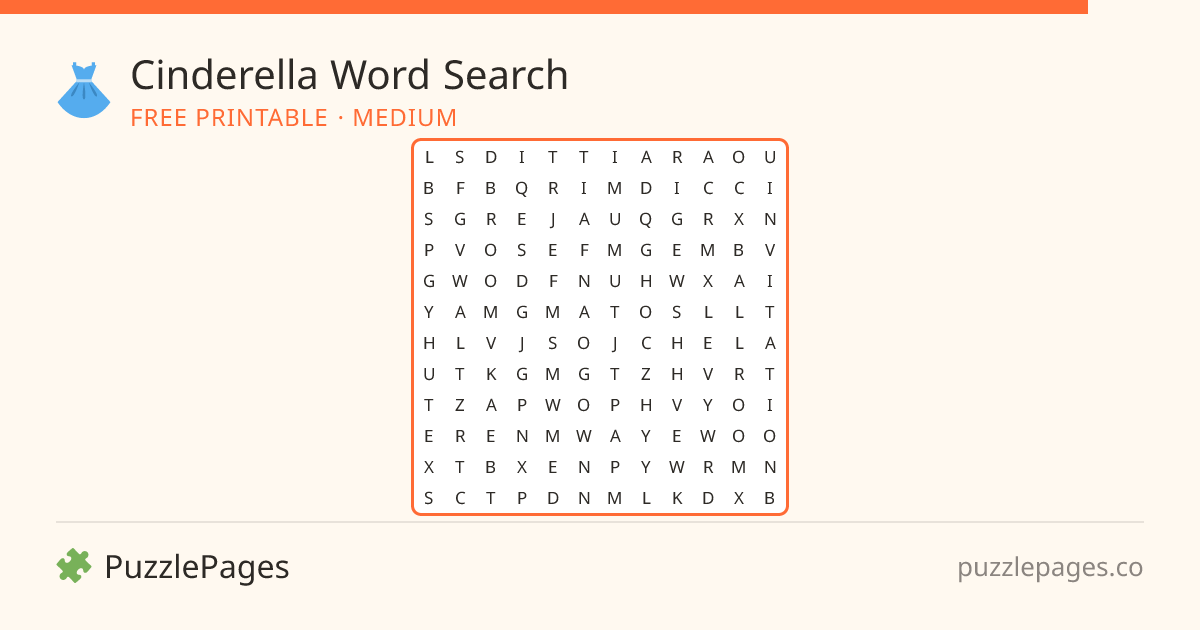 Cinderella Medium printable word search preview — free to print from PuzzlePages
