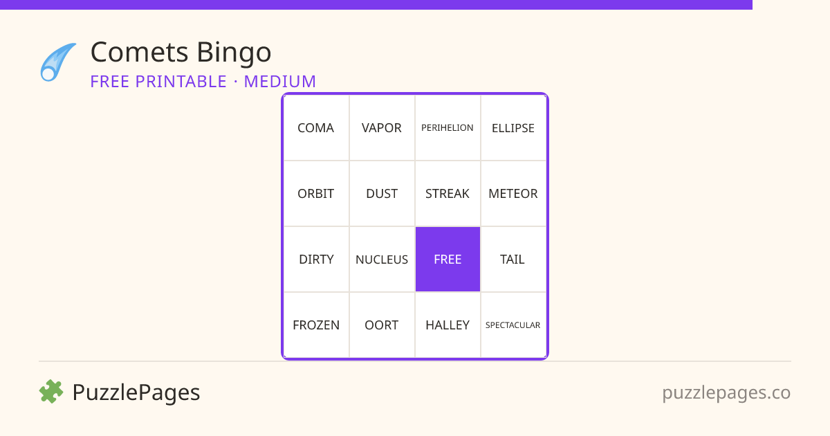 Comets Medium printable bingo preview — free to print from PuzzlePages