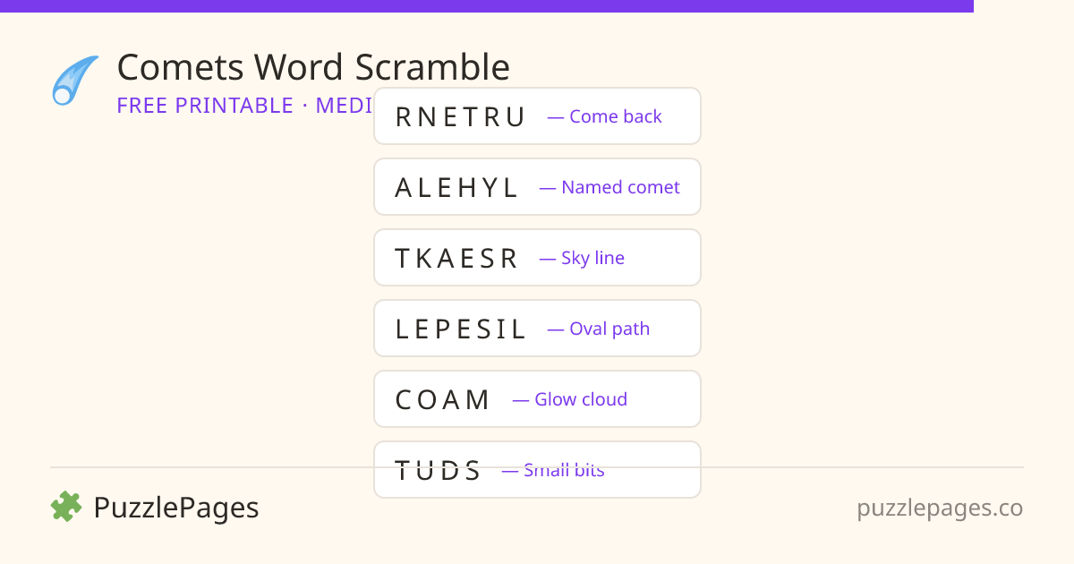 Comets Medium printable word scramble preview — free to print from PuzzlePages