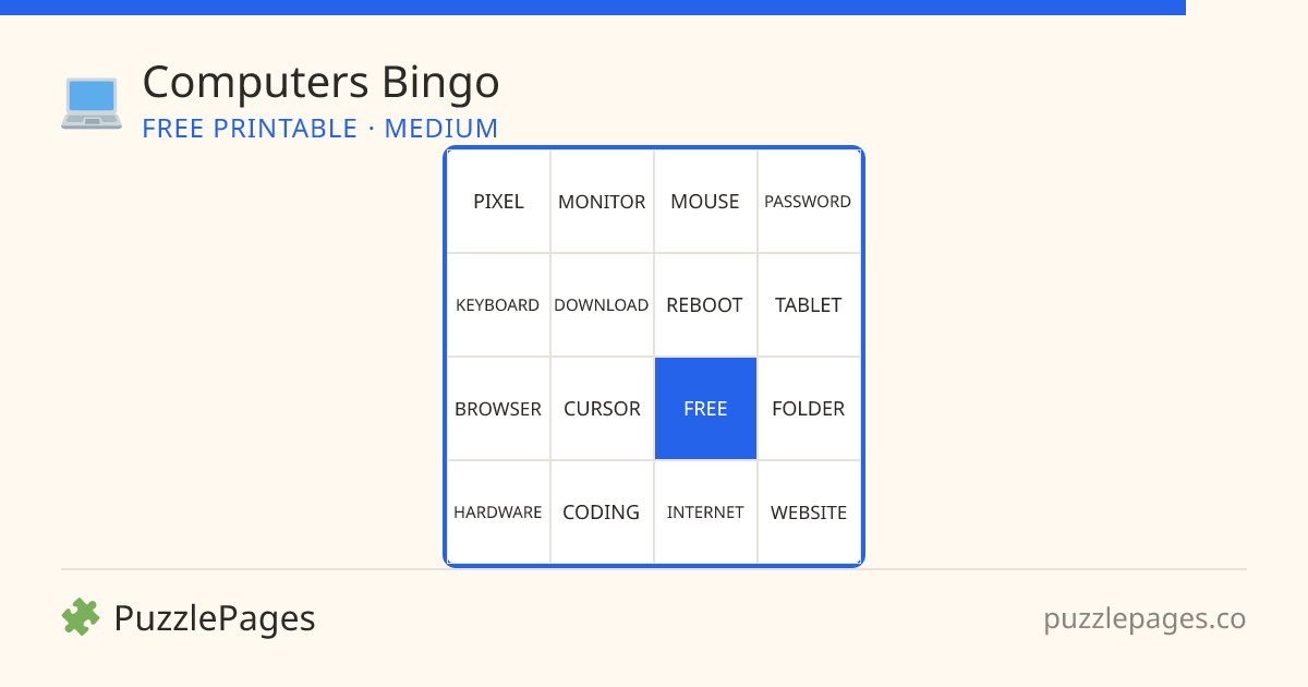 Computers Medium printable bingo preview — free to print from PuzzlePages