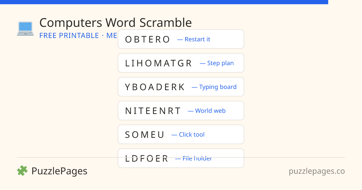 Computers Medium printable word scramble preview — free to print from PuzzlePages