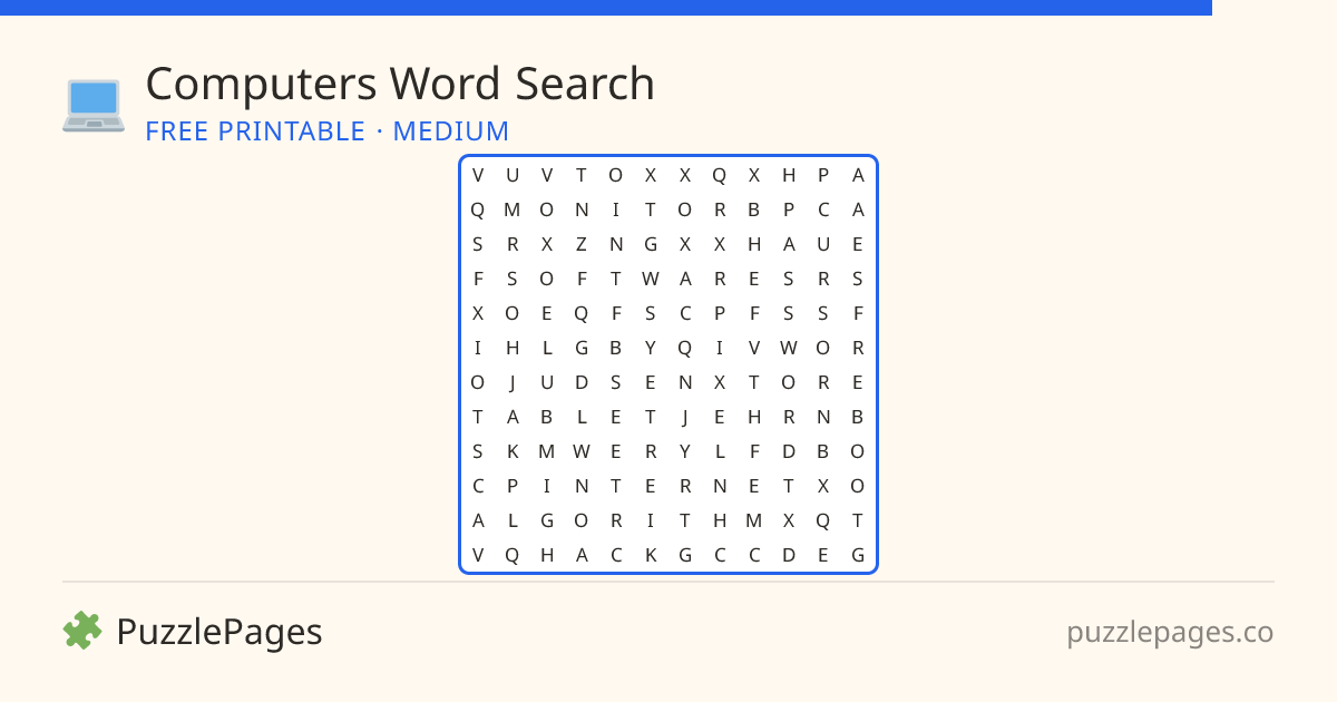 Computers Medium printable word search preview — free to print from PuzzlePages